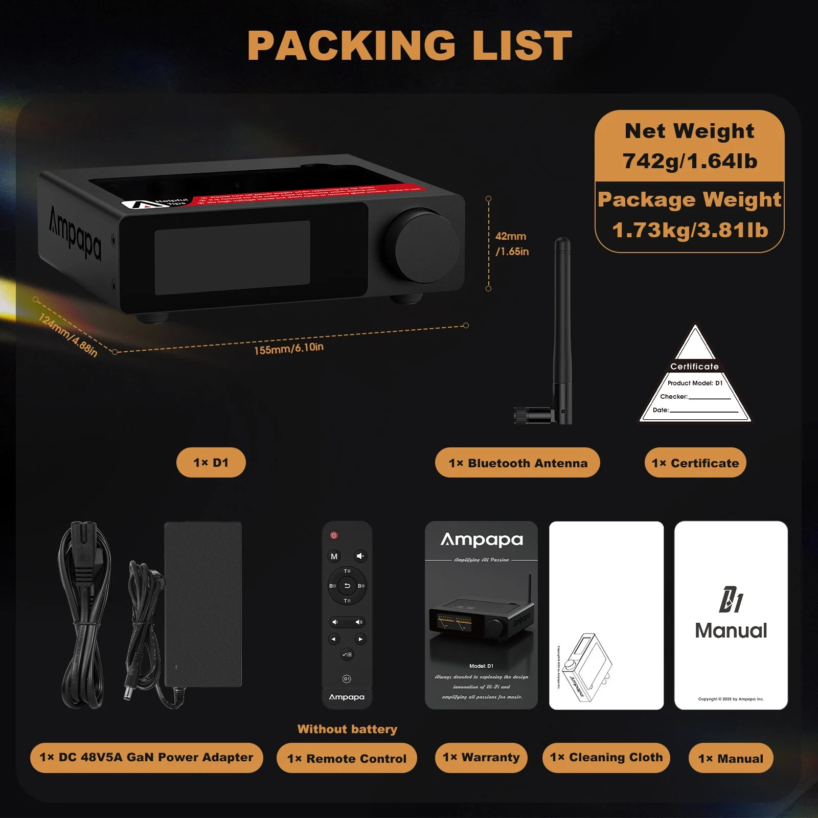 Ampapa D1 HiFi Stereo Bluetooth 5.2 Amplifier 2.0 Channel Home Audio Amp with Digital VU Meters HPF 300Wx2