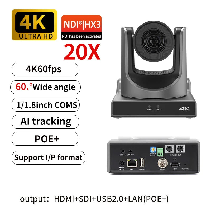 4K60fps NDI PTZ Camera 20X Zoom AI Tracking Camera,HDMI/SDI/LAN/USB, Church Stage Live Recording Compatible with OBS/vMix/ATEM