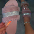 Women's New Thick Bottom Water Diamond Hairy Slippers for Women's Autumn /Winter Flat Bottom Large Slippers