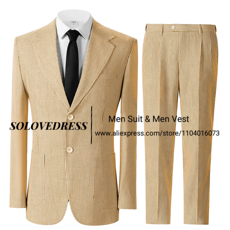 Men's Seersucker Striped Suits 2 Piece Slim Fit Summer Casual Pinstripe Suit for Men Wedding Grooms Blazer Jacket Pants Sets