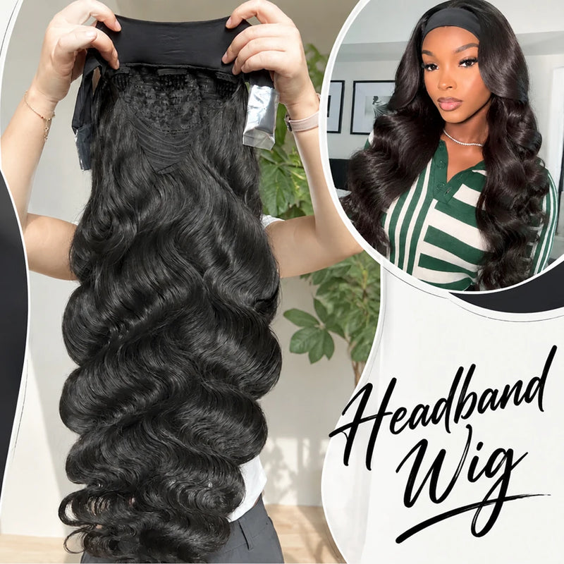 38 Inch Body Wave Headband Wig for Women Human Hair Wear and Go Brazilian Virgin Full Machine Human Hair 220 Density