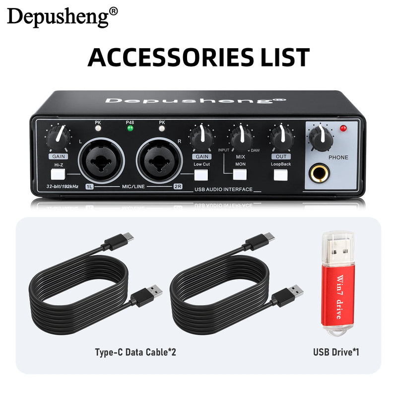Audio Interface Depusheng MD22 USB 3.0 Sound Card with Monitoring Electric Guitar Live Recording For Studio Singing Micro