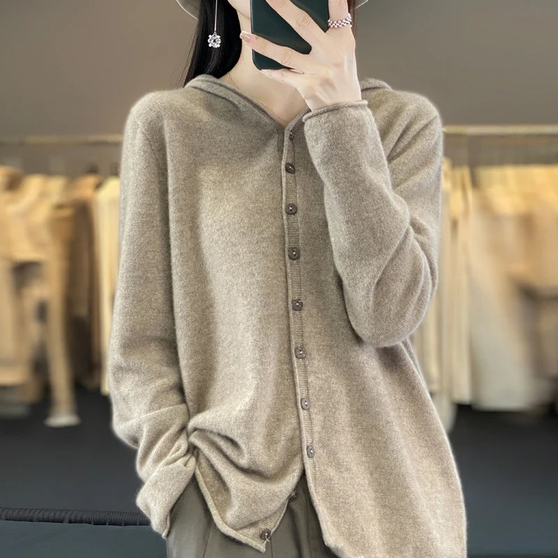 Hooded Cashmere Cardigan 100% Merino Wool Women's Sweater - View 2 | SAMAG