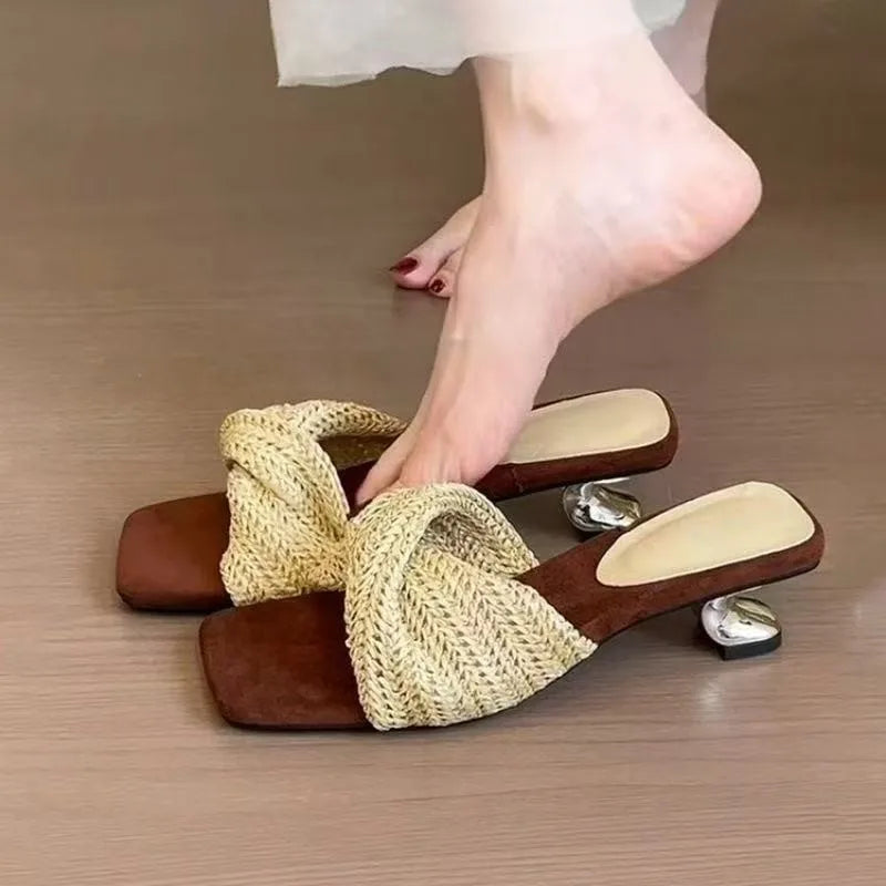 Summer New Woven Cross Strap Square Toe Breathable Mule Sandals - Open Toe Irregular Metal Heel Pumps, Beach Vacation Shoes 2026
