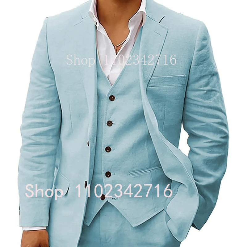 3 Piece Linen Summer Men Suits for Wedding Groom Tuxedos 2023 Casual Beach Custom Man Suit Set Jacket Vest with Pants Man Fahion