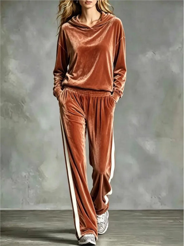 AAutumn New Women's Hooded Sweatshirt Trousers 2-piece Casual Loose Velvet Sports Fashion Patchwork Female Trousers Suit 2026