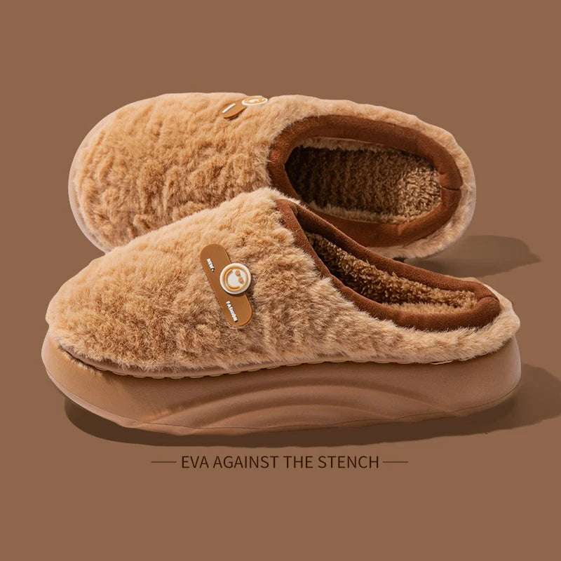 Women's Winter Plush Slippers Fleece-Lined Indoor House Shoes with Thick Sole Anti-Slip Odor-Control Feature for Couples