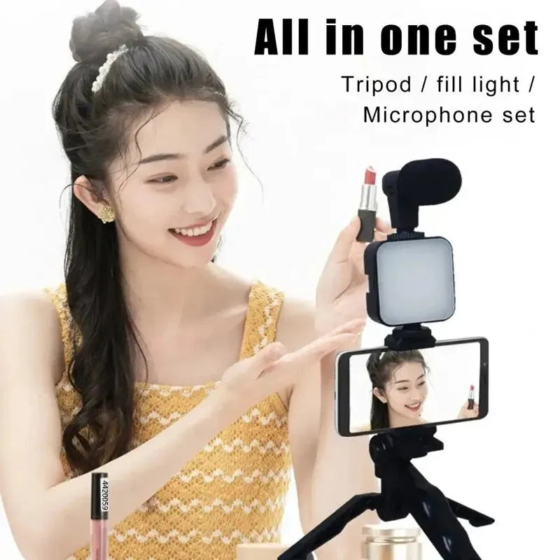 Smartphone Vlogging Kit With Tripod Phone Holder Mini Mic LED Fill Light Starter For Live Stream Video YouTube