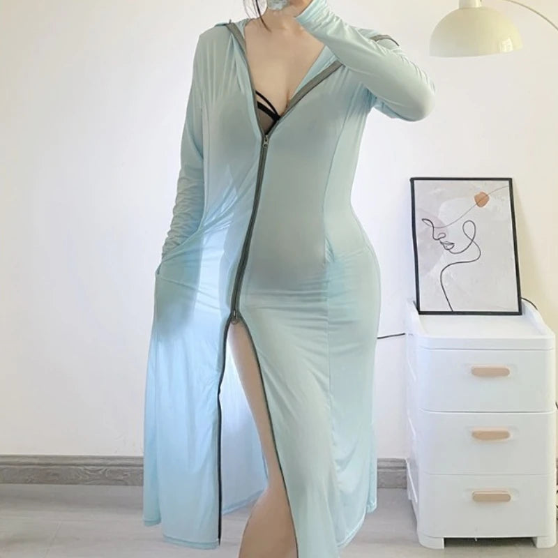 Women Sexy See Through Blue Cover-Ups Full Body Sun Protection Summer Zipper Lingeries with Hats Outdoor Travel Sunscreen Cloth
