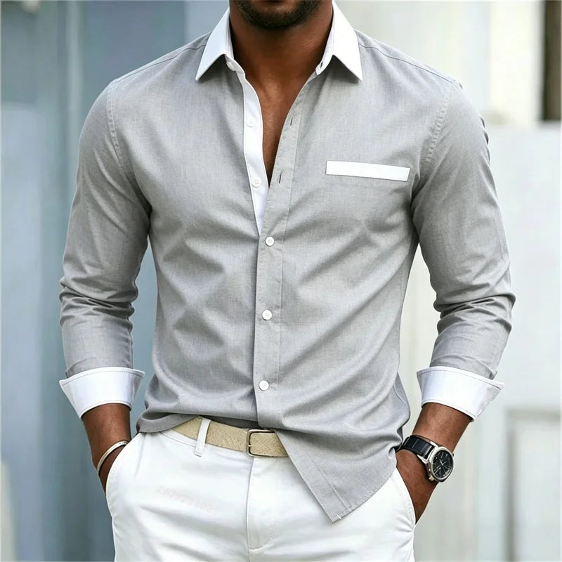 Men's shirt color blocking black and white lapel slim fit | SAMAG