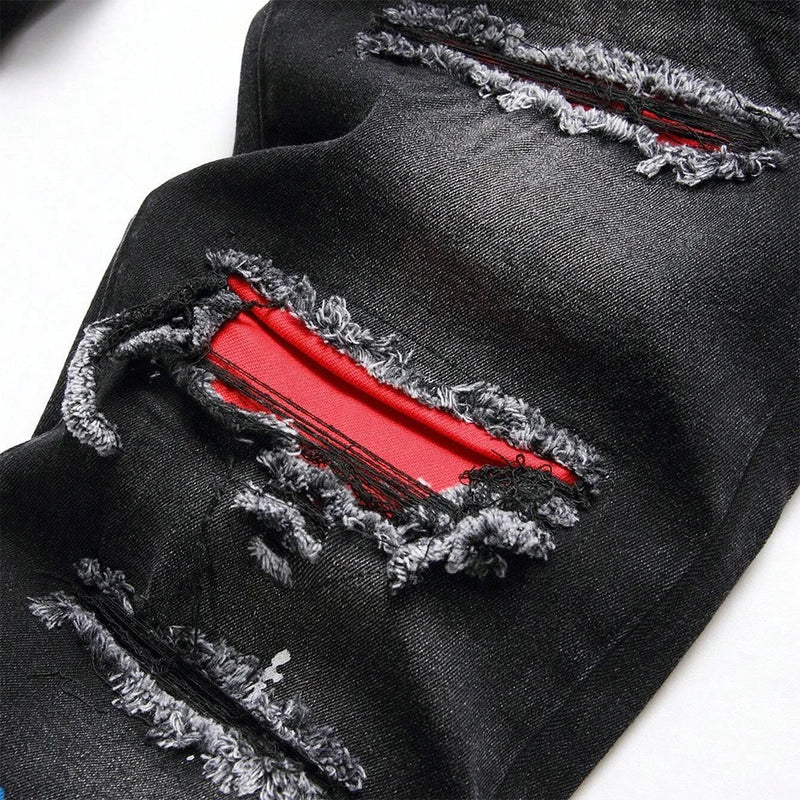 Men's Y2K Fashion Ripped Patchwork Hole Straight Black | SAMAG