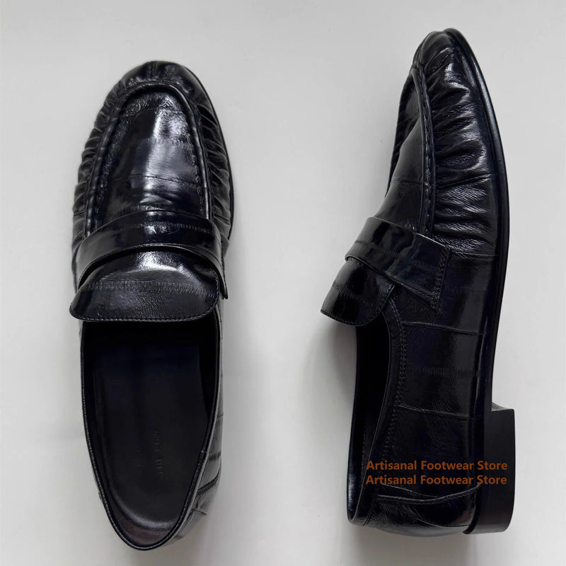 Men's Black Sin Ruched Loafers Soft Leather Soft Sole Slip On Single Shoes Casual Shoes Trendy Luxury Handmade Men's Shoes ﻿