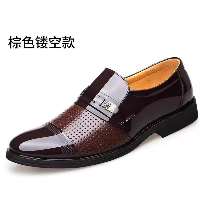 Mens Formal Two Tone Patent Leather Loafers Pointed Toe Slip On Shoes With Metal Buckle Low Heel Comfortable Non Slip Breathable