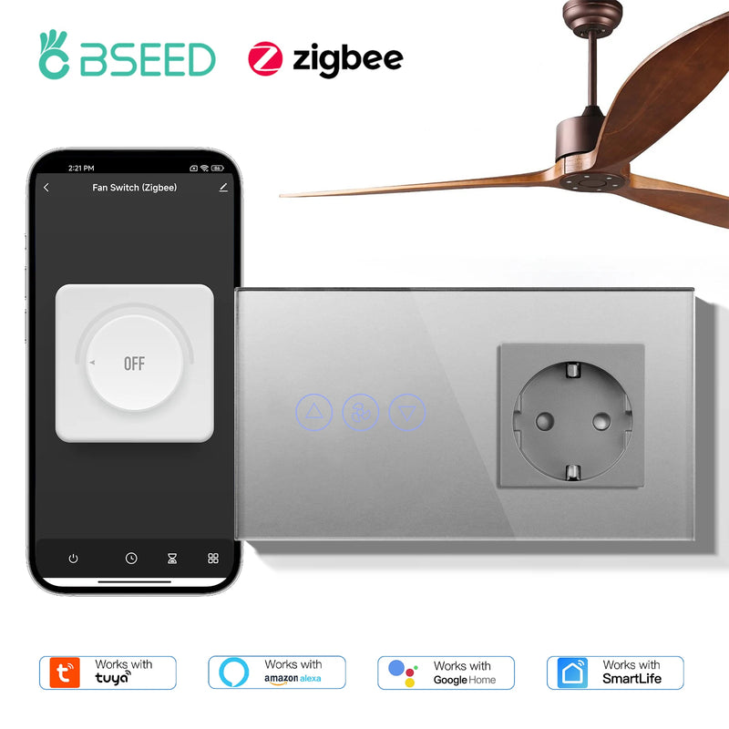 BSEED Zigbee Fans Switches Smart Wall Touch  Speed Control Switch With EU Socket Support Tuya Smart Life Alexa Voice Control