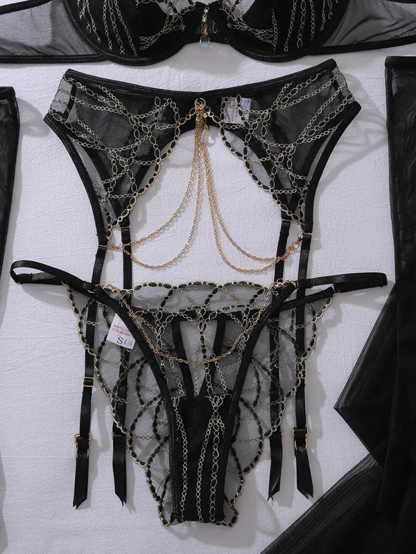 Luxury Halter-Neck Lingerie Set with Metal Chain Decoration See-Through Heavy Embroidery Body-Shaping Sexy Five-Piece Ensemble