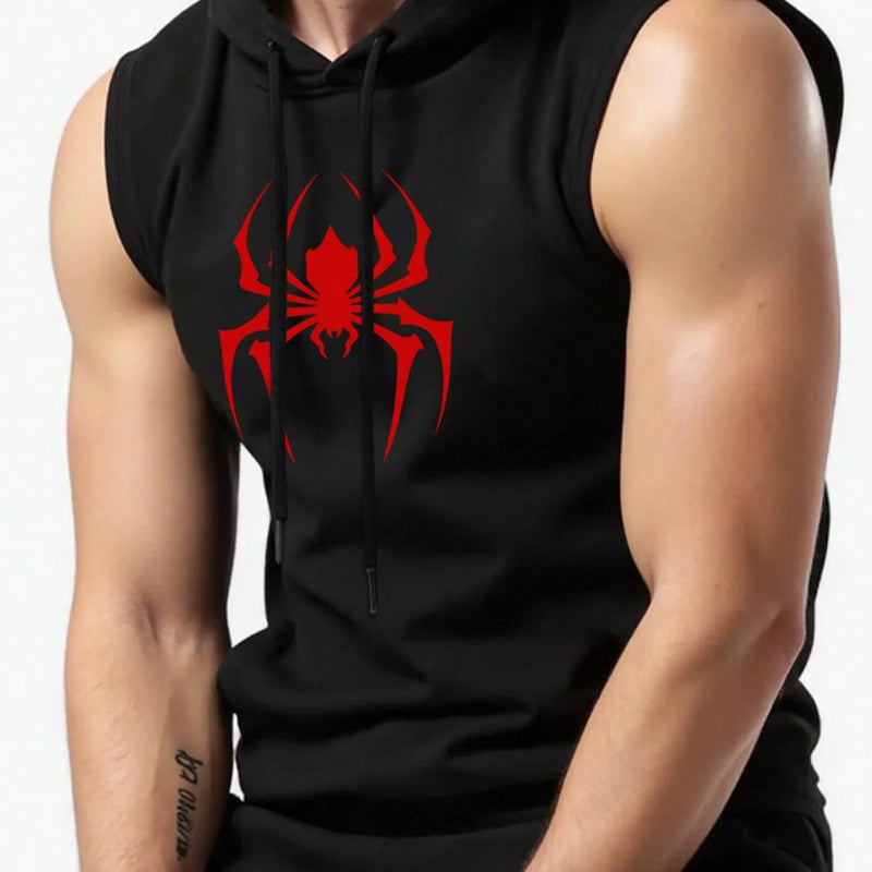 Men's Black Sleeveless Hooded Vest Spider Print Gym Tank Breathable Spring Summer Workout Casual Fitness Sportswear