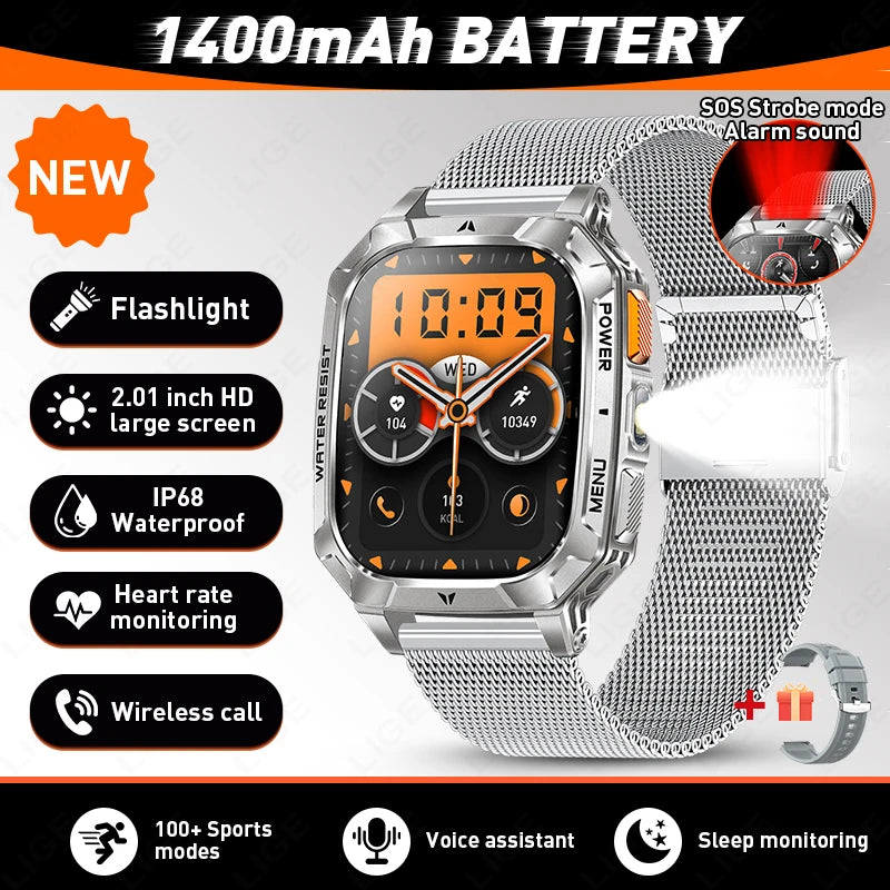 LIGE Militray 1400mAh Large Battery Smart Watch Men 2.01"HD Screen LED Flashlight & SOS Light BT Call Health Monitor Smartwatch