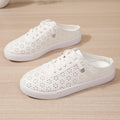 Women White Hollow Cutout Backless Mule Sneakers Breathable PU Leather Upper No Tie Laces Slip‑On Summer Casual Flat Shoes