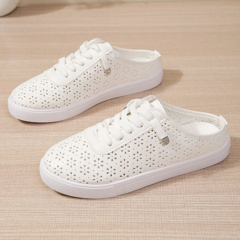 Women White Hollow Cutout Backless Mule Sneakers Breathable PU Leather Upper No Tie Laces Slip‑On Summer Casual Flat Shoes