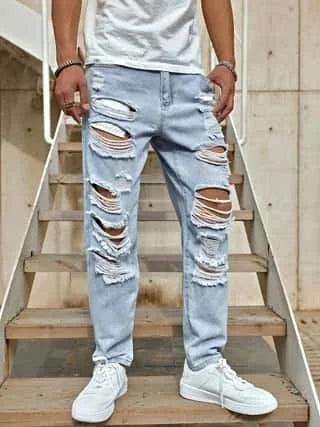 Men's Ripped Non-Stretch Jeans - Distressed Streetwear | SAMAG