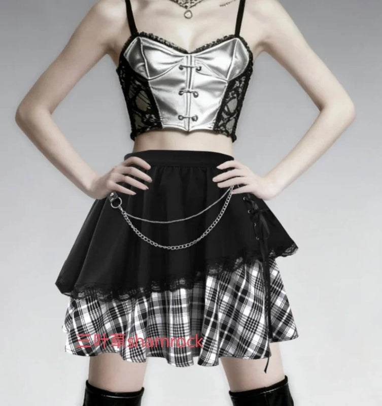 Summer Large Size New Irregular Punk Style Sexy Plaid Splicing Skirt Personalized Girl Subculture Lace Goth Style Short Skirt
