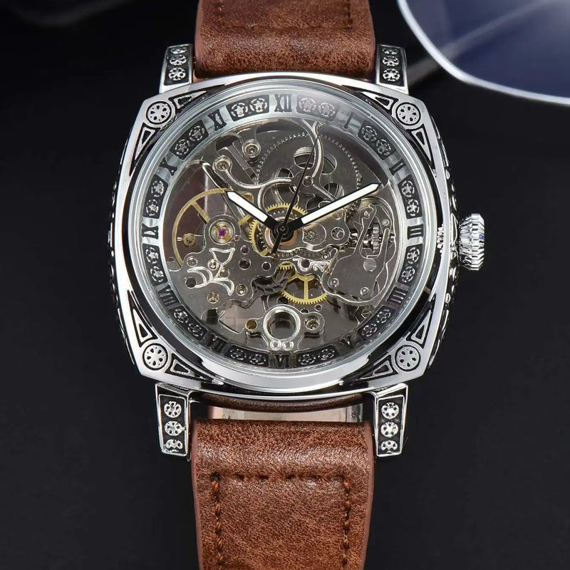 Men Automatic Watch Retro Style Mechanical Watches Skeleton Carve Waterproof Leather No Logo Mens Watch Boyfriend's Gift