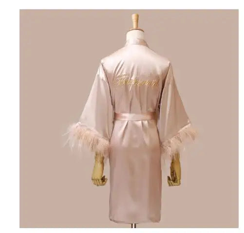 Women FEATHER Bride Bridesmaid Wedding Robe Satin Kimono | SAMAG