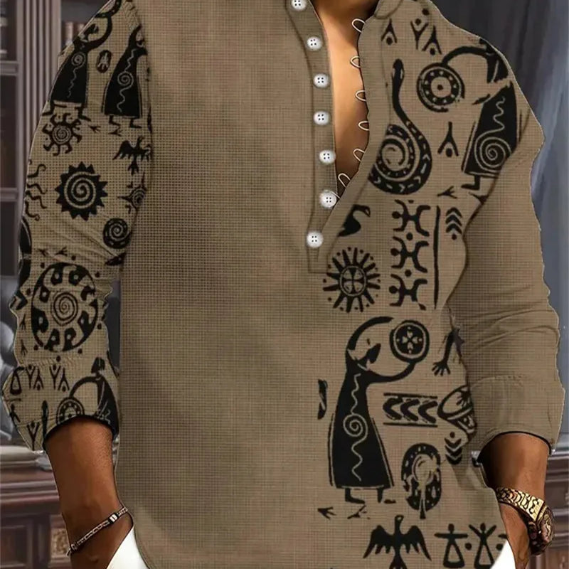 New Men's Henry Collar Linen Long Sleeve Casual Shirt | SAMAG