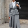 Women Two Piece Skirt Set Women Puff Sleeve Lapel Blazer Coat High Waist Pleated Midi Skirt Suit Autumn Lady Formal Outfit