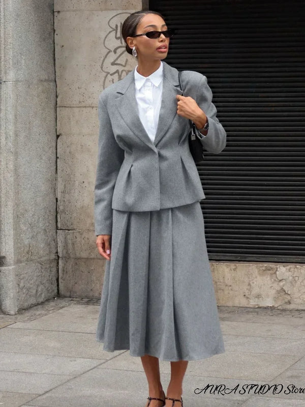 Women Two Piece Skirt Set Women Puff Sleeve Lapel Blazer Coat High Waist Pleated Midi Skirt Suit Autumn Lady Formal Outfit