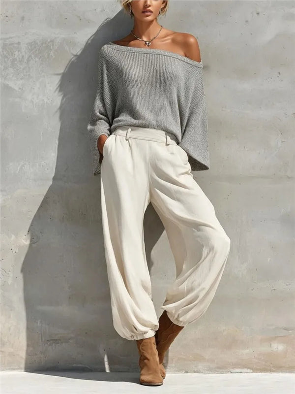 Fashionable Off-shoulder Top And Casual Trousers Two-piece Suit 2026 Autumn And Winter New Solid Color Slope Collar Women's Suit