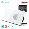 BSEED 1/2/3Gang Zigbee Touch Switch Wall Light Switch With Smart EU Socket Support Google Alexa Tuya Control No Neutral Line