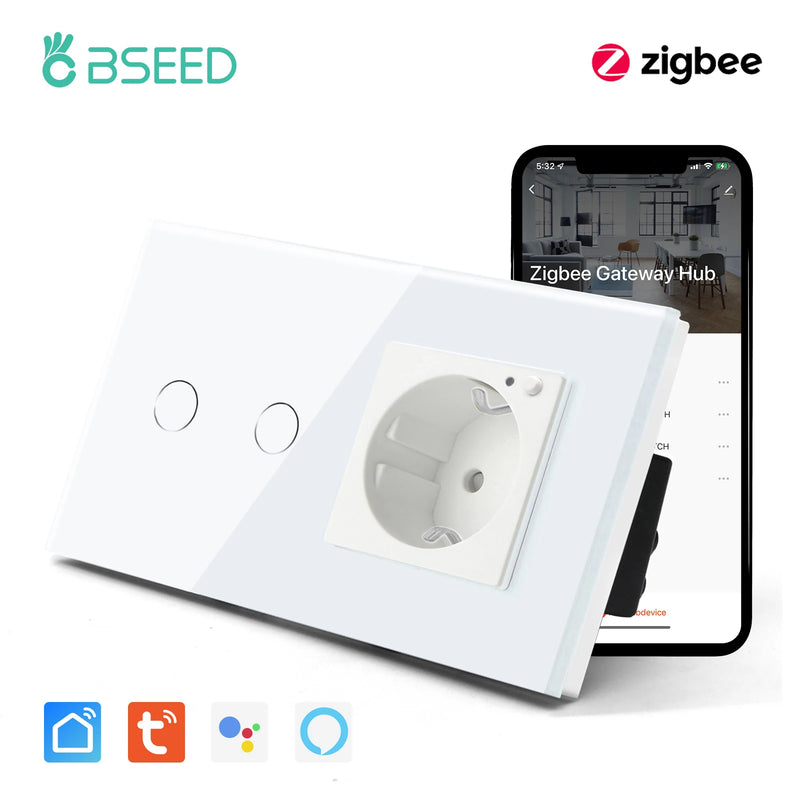 BSEED 1/2/3Gang Zigbee Touch Switch Wall Light Switch With Smart EU Socket Support Google Alexa Tuya Control No Neutral Line