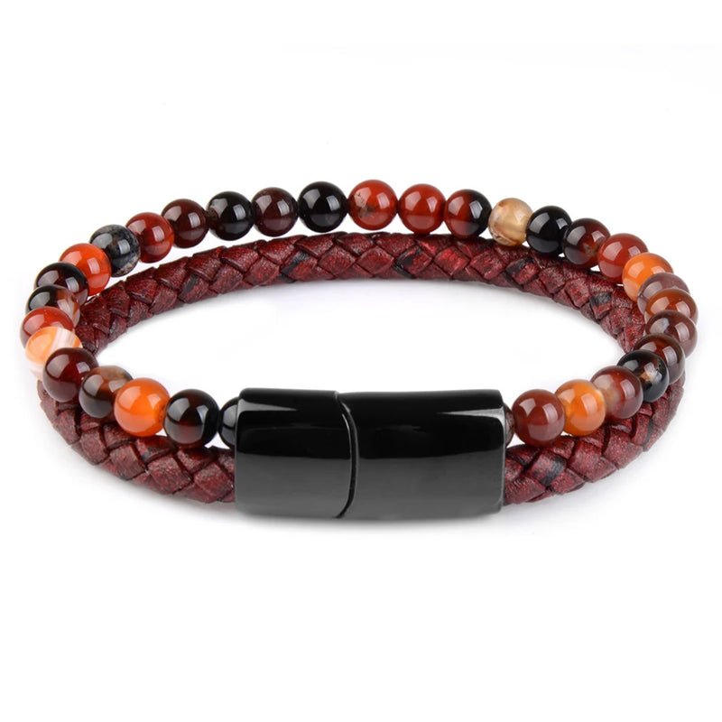 Natural Stone Bracelet Genuine Leather Braided Bracelets Black Stainless Steel Magnetic Clasp Tiger eye Bead Bangle Men Jewelry