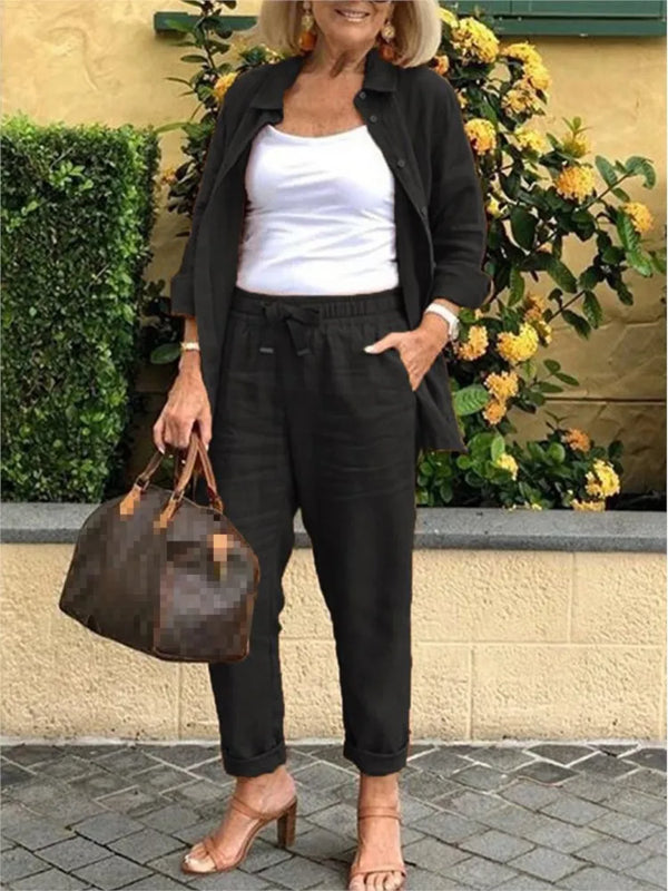 2025 Autumn Spring Casual Suit Women Cotton Linen 2 Piece Set Solid Color Loose Button Shirt + Pants Sets Daily Women's Clothing