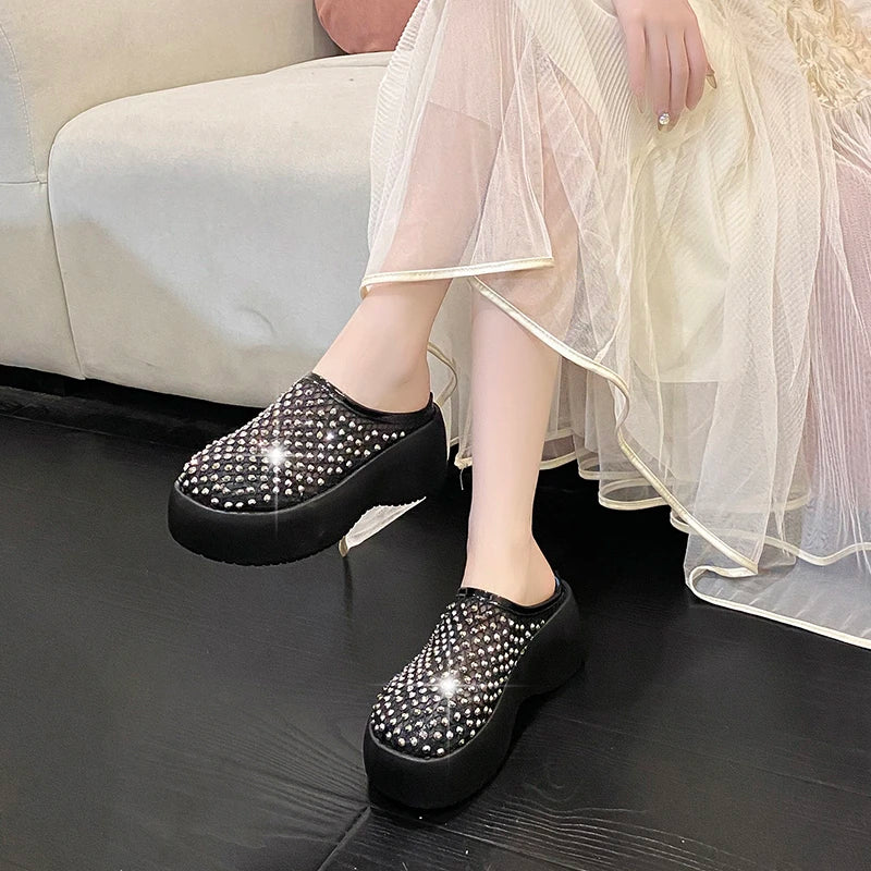 Summer Women Glitter Rhinestone Mesh Hollow Out Round Toe Platform Mules Slide Slippers Non Slip Casual Slippers Shoes for Women