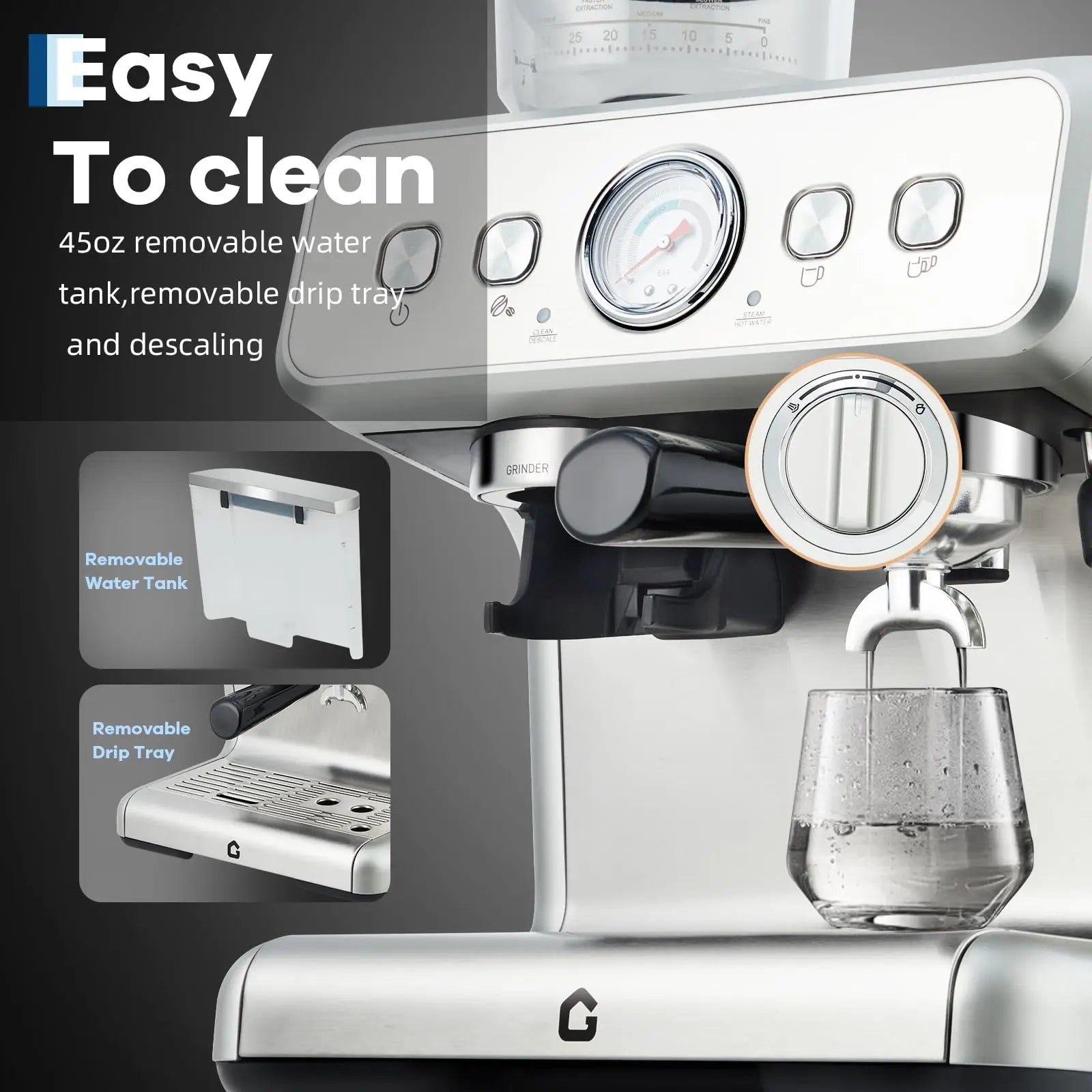 20 Bar Stainless Steel Espresso Machine With Grinder & Milk Frother 2.8L Removable Tank Adjustable Shot Volume For Home Office