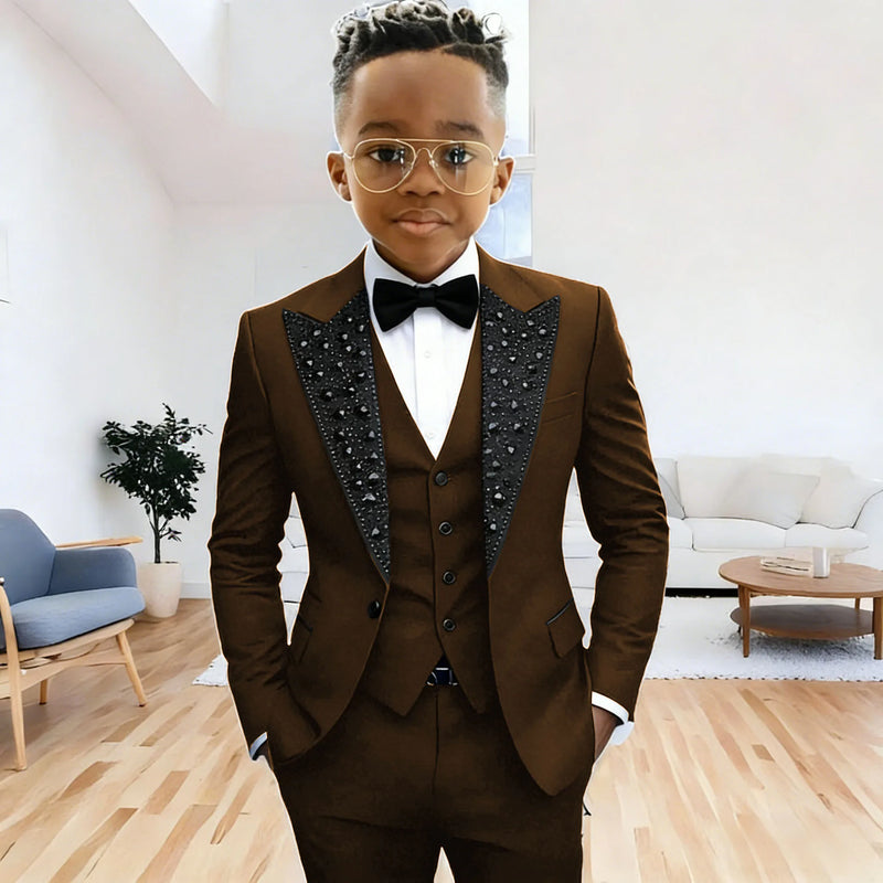 Black Suit for Boys Evening Party Tuxedo Kids Wedding Beaded Crystals Suit 3 Piece Boy Suit Jacket Pants Vest Formal Prom Dress