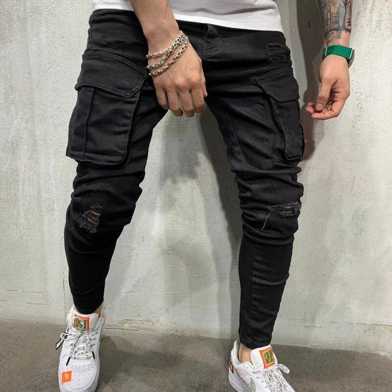 New Jeans Men Pants Wash Solid Color Multi Pockets Denim | SAMAG