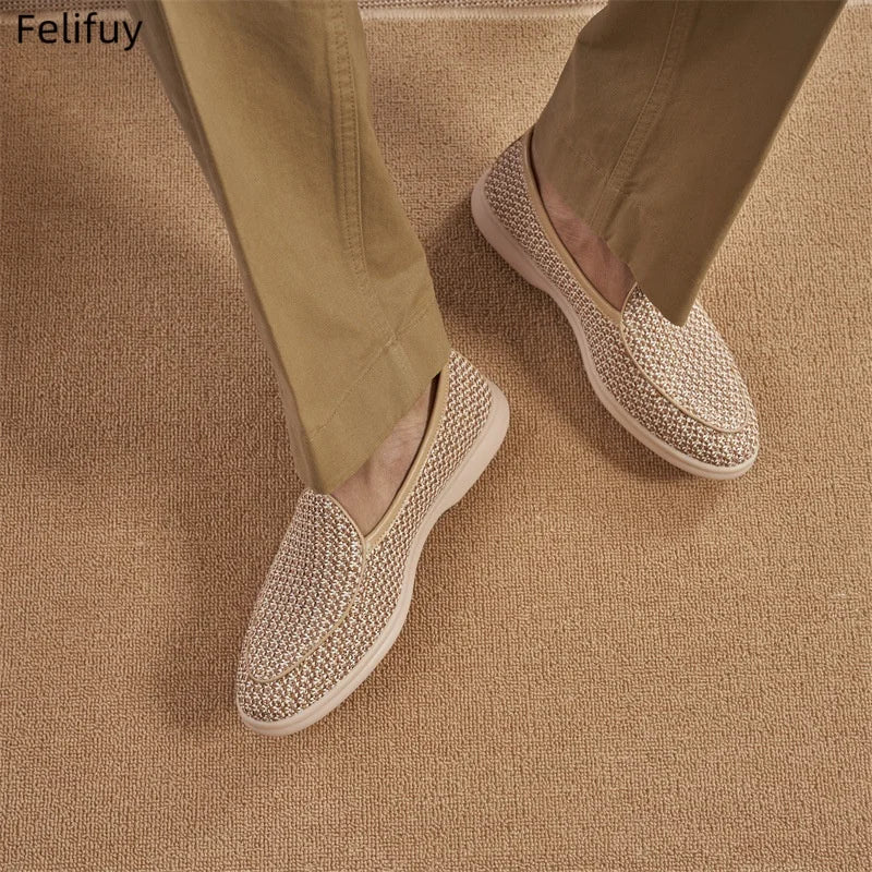 Handwoven Flax Straw Caual Shoes Men's Summer Breathable Linen Chinese Style Casual Wheat Color Genuine Leather Loafers Slip-On