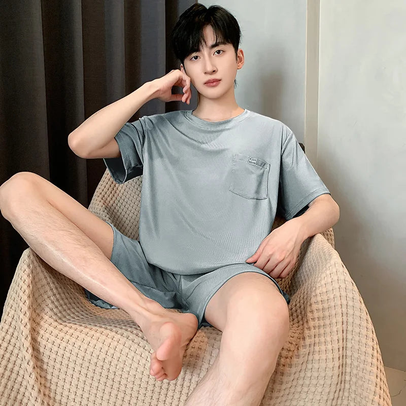Summer New Men's Pajamas Homewear Set Men's Short-Sleeved Shorts Teenage Students Solid color Casual Pajamas Homewear Set