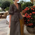 Women's Cotto V-Neck Lace-Up Bubble Sleeve Shirt Long Skirt 2 Piece-Set Summer Casual Elegant Solid Color Loose Sets