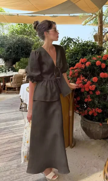 Women's Cotto V-Neck Lace-Up Bubble Sleeve Shirt Long Skirt 2 Piece-Set Summer Casual Elegant Solid Color Loose Sets