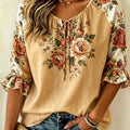 Women's Black Purple Floral Print Tie Neck Blouse, Casual - View 7 | SAMAG