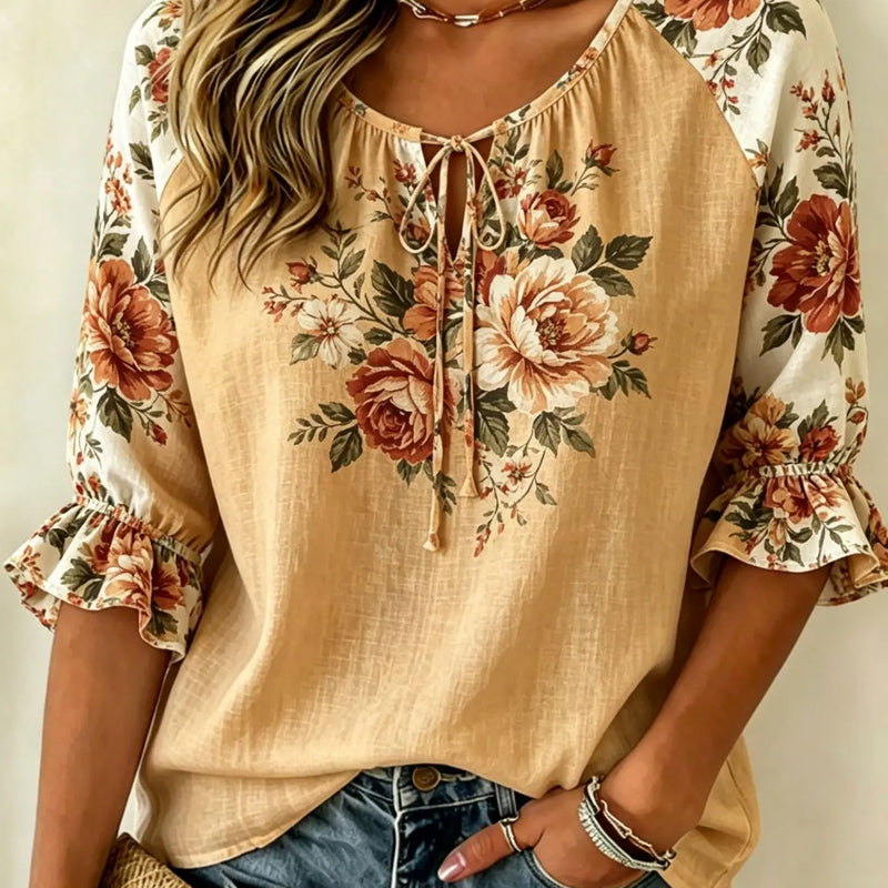 Women's Black Purple Floral Print Tie Neck Blouse, Casual - View 7 | SAMAG