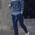 Fashionable summer men's striped patchwork print breathable round neck long sleeved pants set outdoor casual - View 2 | SAMAG