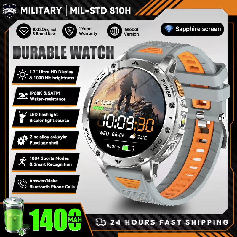 Military Grade Alloy Smartwatch 1400mAh Long Standby Waterproof SOS Emergency Flashlight BT Call Outdoor Sports Watch For Men