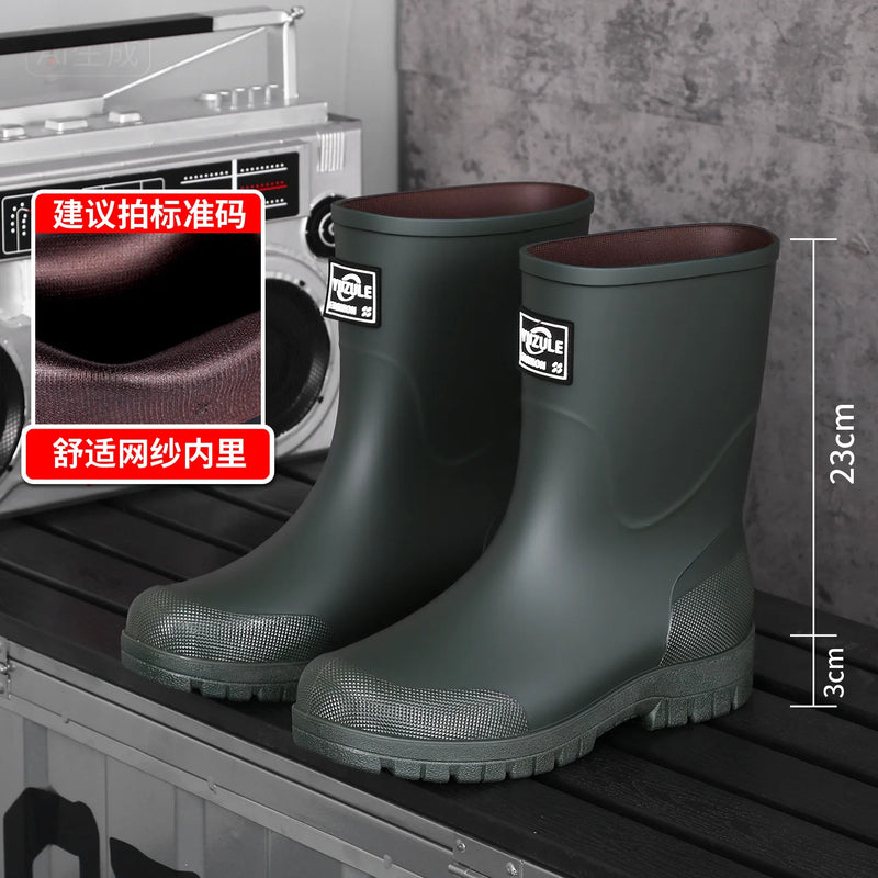New Men's Style Rain Boots Fashion Mid-calf Waterproof Boots Work Warm Water Boots Wear-resistant Non-slip Fishing Rubber Shoes