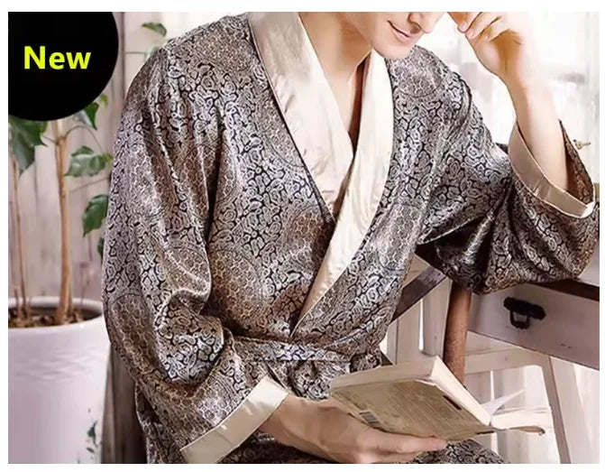 Plus Size 3XL 4XL 5XL Men Robe Sleepwear Navy Blue Stripe Kimono Bathrobe Gown with Pocket Summer Satin Home Clothes Lounge Wear