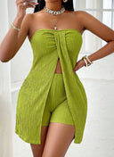 Women's Lime Green Strapless Textured Ruched Split Front Tube Top & Shorts Two Piece Set Spring Summer Casual Vacation Beach